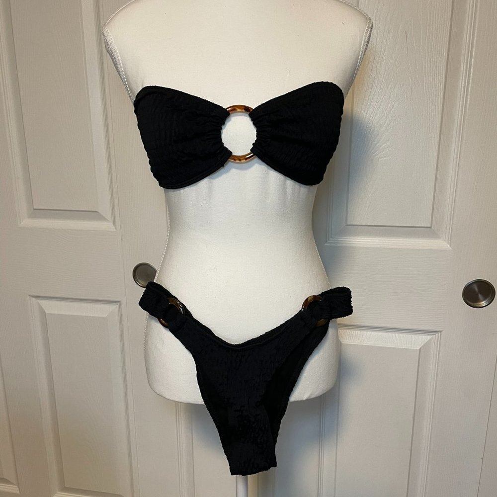 Bandeau Swim Top with Hi-Cut Bottoms and decorative tortoise rings